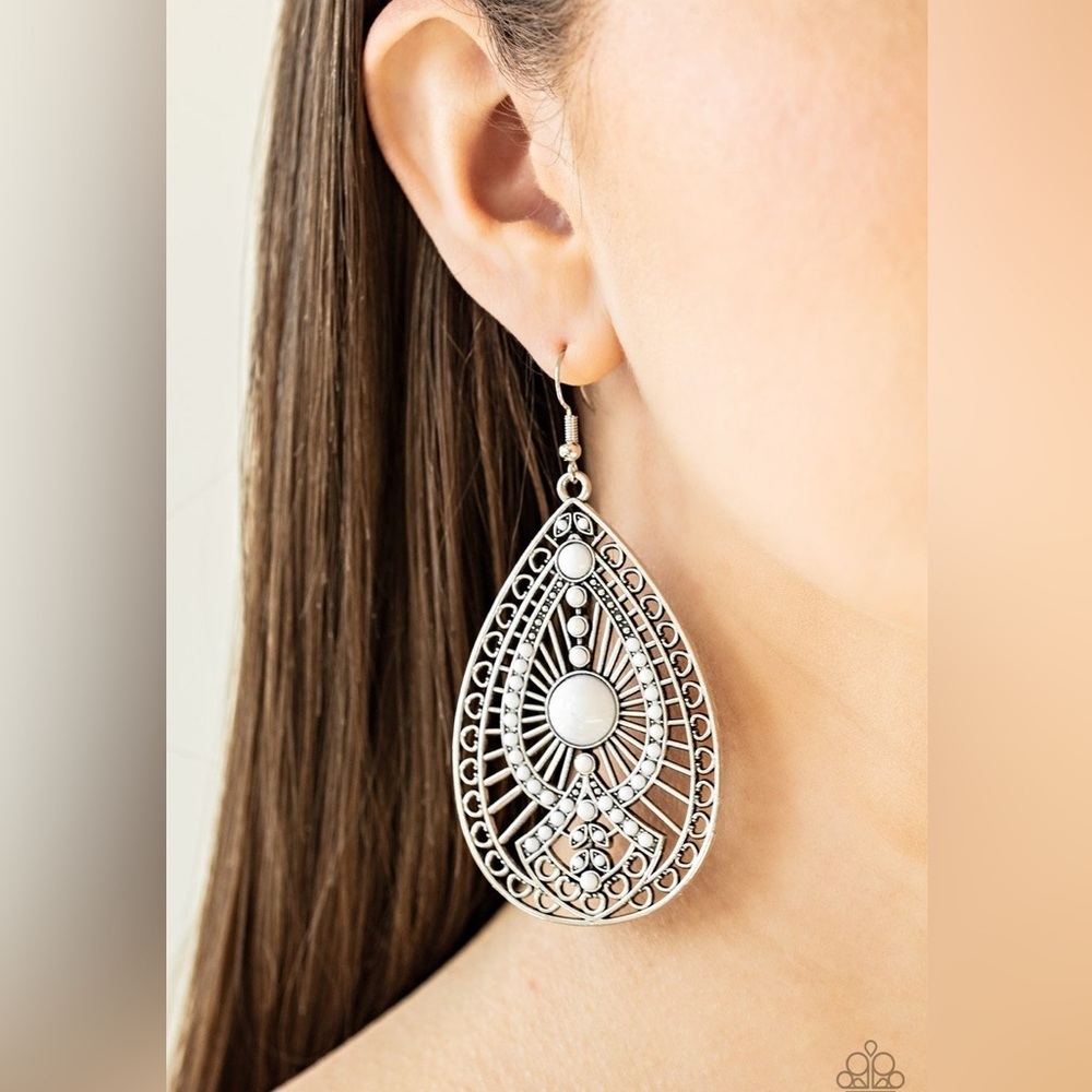 Paparazzi Just Dropping By - white silver tone earrings